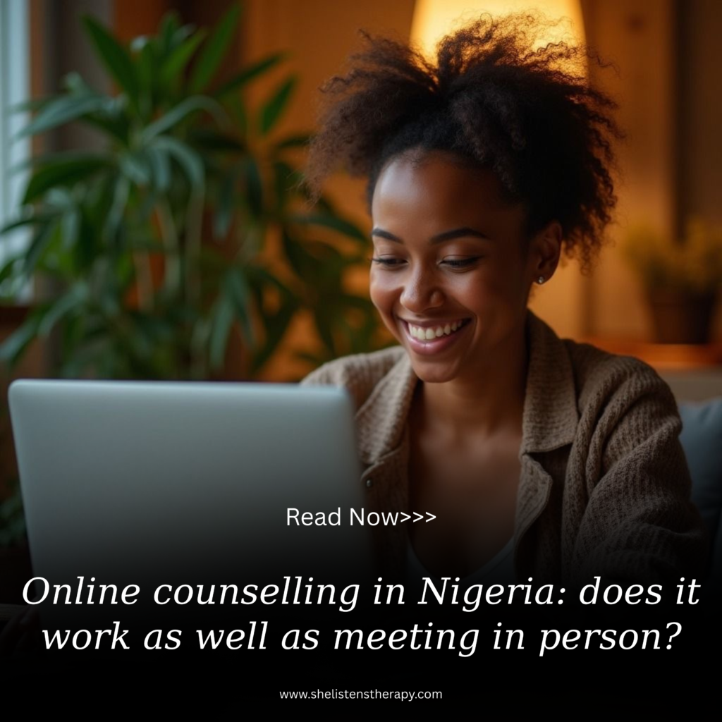A person attending an online counselling session on a laptop from the comfort of their home in Nigeria